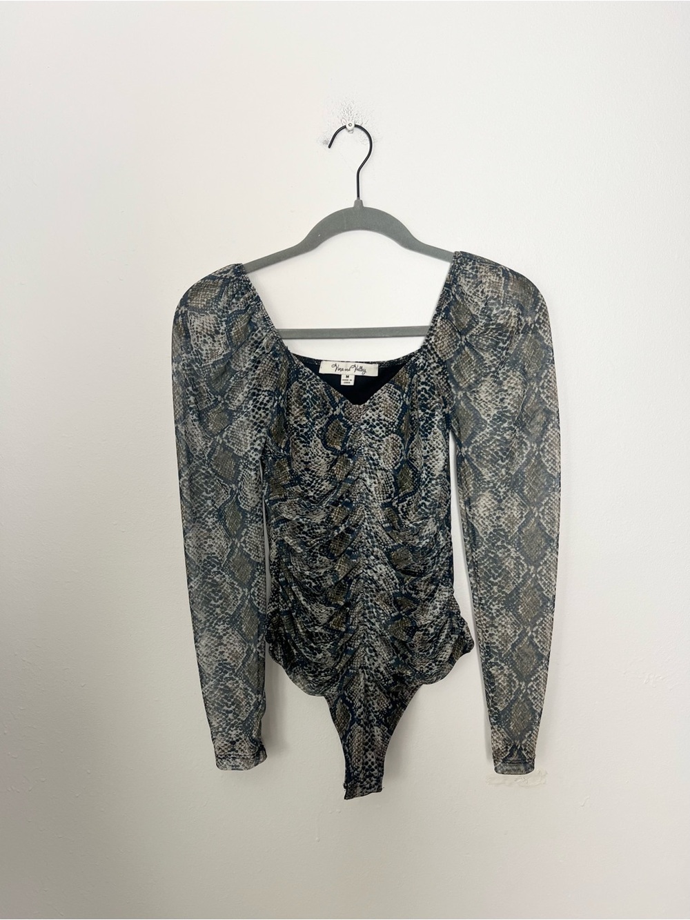 Snake Print Mesh Ruched Long Sleeve Bodysuit Medium Y2K inspired